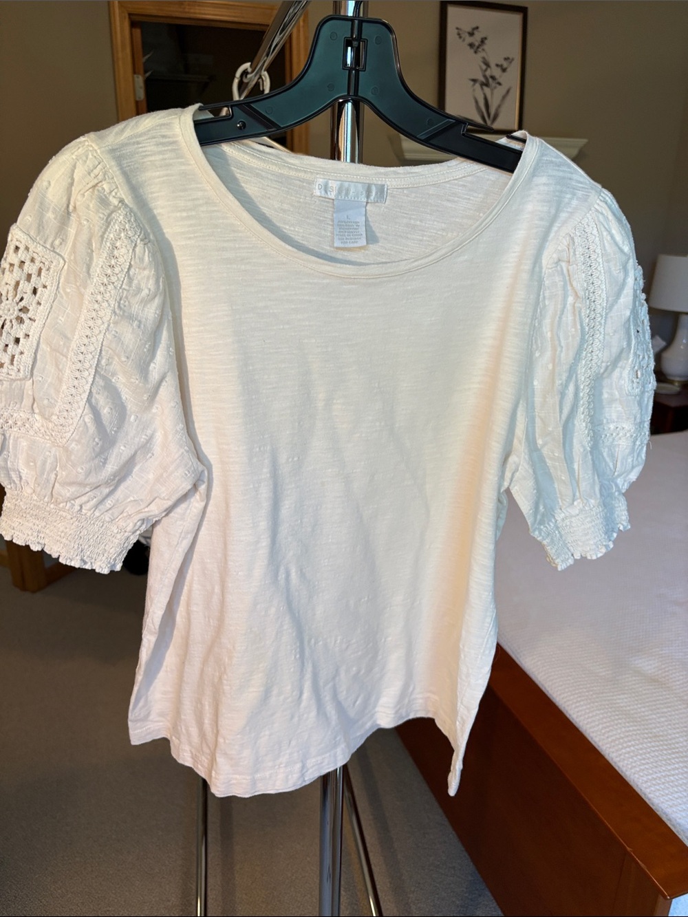Design History Cream Puff Sleeve Crochet Accent Tee